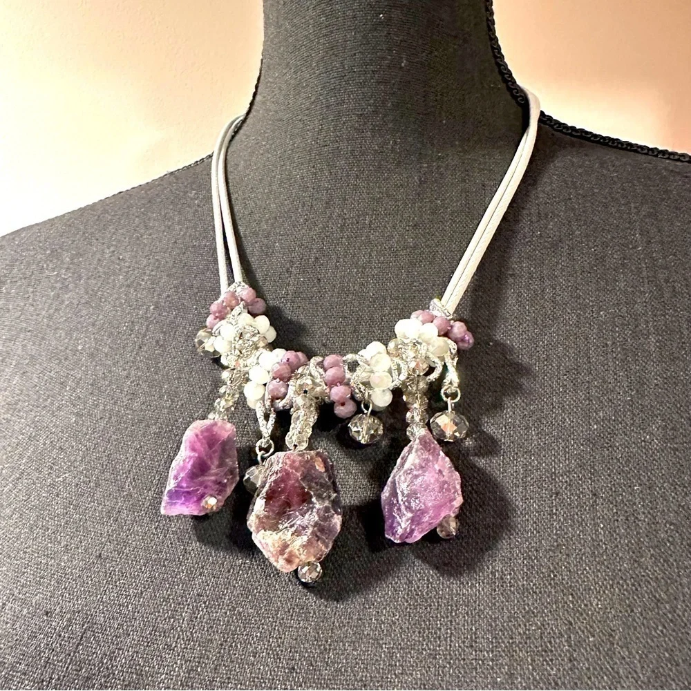 Chunky Raw Amethyst Necklace Three Large Pendants & Crystal Glass Round Beads